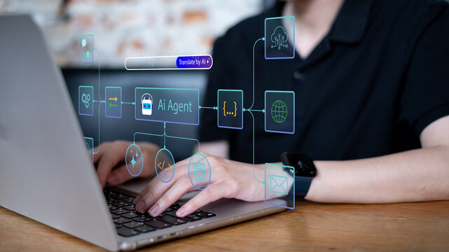 Person using AI agent workflow automation system data analysis technology innovation process algorithm deep learning node diagram personal assistant flowchart, digital online transformation concept