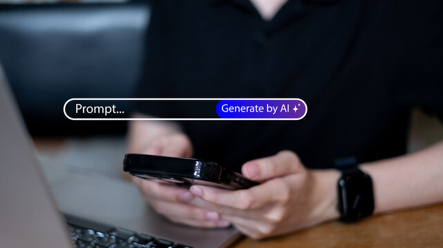 Person using generative AI software innovation artificial intelligence create media image prompt text technology digital online access creative assistant development service concept