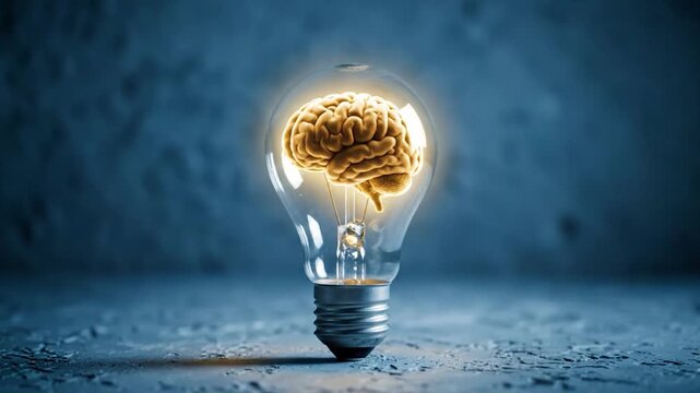 A glowing brain is inside a lightbulb, on a textured blue-grey surface