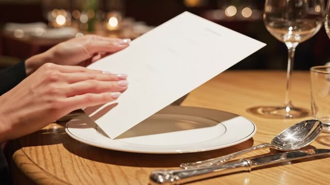 A hand holds a blank white paper menu over a ceramic plate with silver cutlery and napkin on a wooden restaurant table, providing a clean template for food catering or dining advertisement.