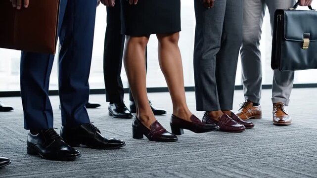 Close-up ground perspective of diverse professional job candidates wearing elegant formal footwear while standing in a queue for a corporate recruitment interview in a modern office hallway.