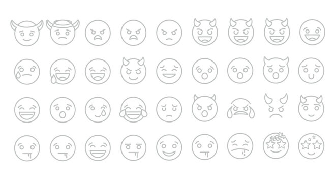 Collection of diverse white line art emoji icons featuring various expressive emotions like devil faces laughing crying dizzy and shocked on a dark background canvas