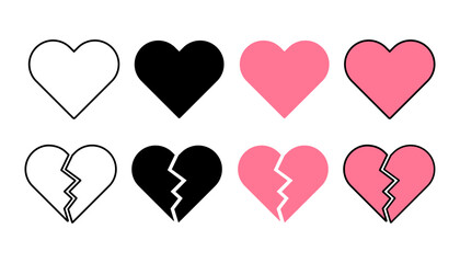 普通のハートとひびの入ったハートのアイコンセット