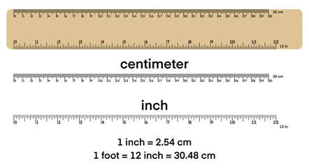 Fototapeta premium Educational ruler chart showing centimeter and inch measurements with clear scale marks. Simple comparison graphic for early learning, preschool and elementary math education, measurement concept