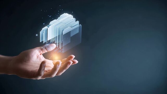 Digital files floating above a hand in a dark background during a technology demonstration about data management and storage solutions