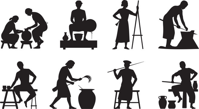 South asian traditional artisans working pottery silhouettes pottery making craftsmen