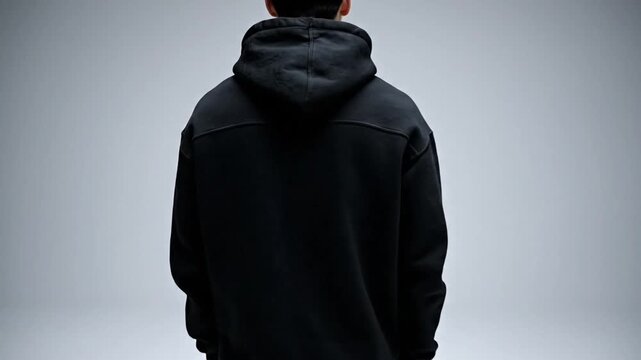 Professional black hooded sweatshirt mockup featuring front and back views of a male model wearing casual streetwear apparel garment for clothing brand presentation and fashion design
