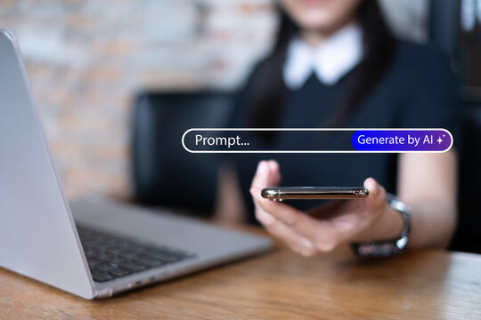 Person using generative AI artificial intelligence as a tool in create image media content using text prompt, online personal assistant technology innovation digital transformation concept