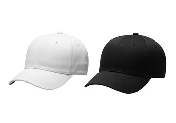 Fototapeta premium Two baseball caps one white and one black presented side by side on transparent background