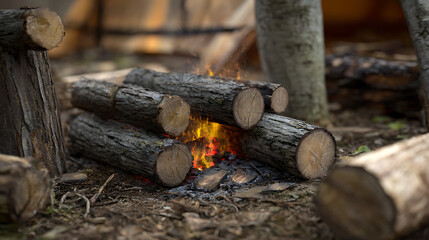 Fototapeta premium Burning wood logs in forest for camping or survival high resolution photo