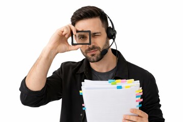 Film director wearing headset holding tabbed script and viewfinder frame production planning concept high key studio isolated on white