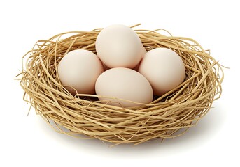 Four white eggs nestled inside a woven straw bird nest
