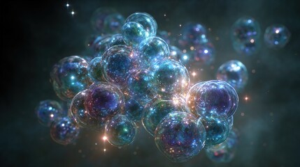 Naklejka premium Iridescent grape-like celestial bodies float in cosmic dust, emitting strange light.