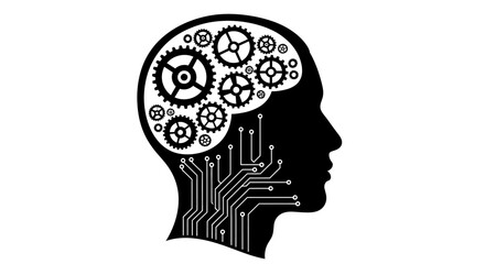 A human head silhouette with visible internal gears and circuitry, symbolizing the blend of human thought and technology, illustrated in a detailed black and white graphic representation.
