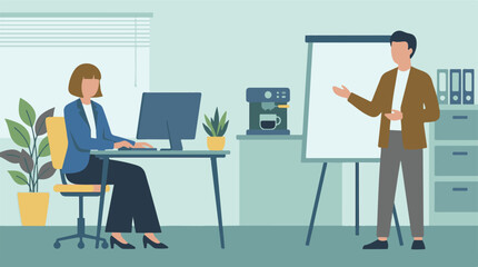 Businesswoman working at desk while businessman gives presentation