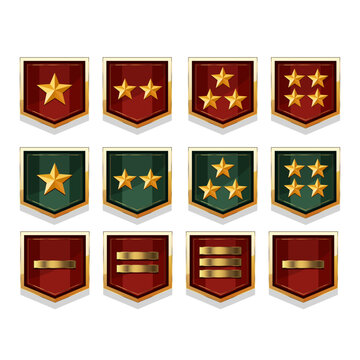 Military rank icons collection for video games, army insignia and badge vector set, level up progress symbols for game UI design.
