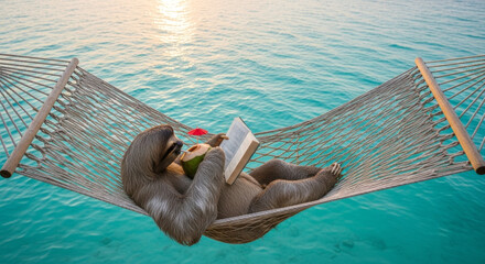Naklejka premium Sloth enjoying tropical vacation in woven hammock over pristine turquoise ocean water. Tropical vacation includes relaxing with book and coconut drink during golden hour.