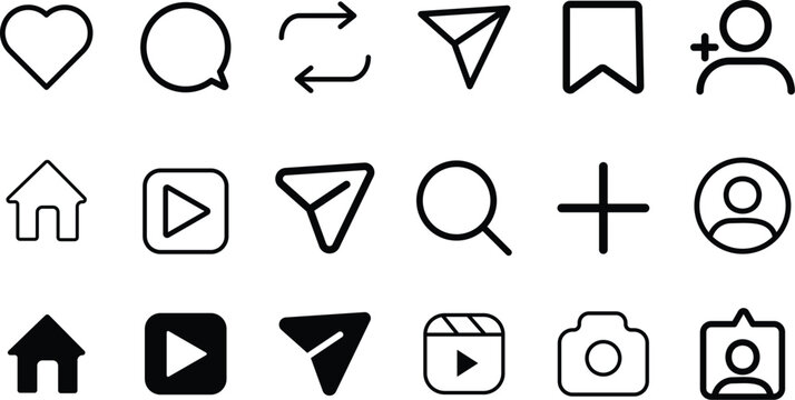 New update Instagram icon set including symbols of home, like, comment, search, user, repost, share. Instagram notification icon. New Instagram 2026 update icons set with UI elements
