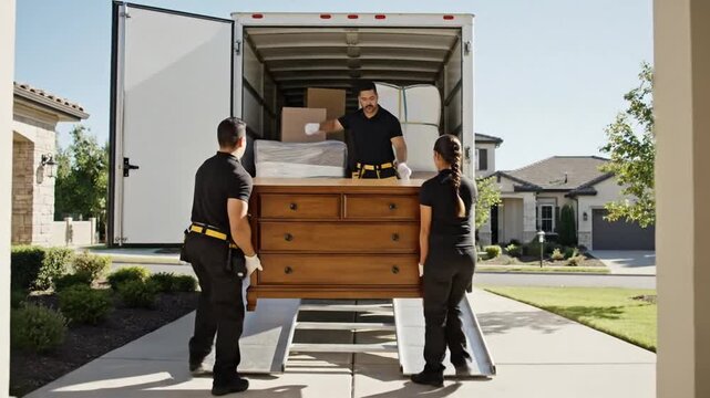 Professional relocation crew in black uniform working on domestic residence transport and furniture shifting service during residential transition process.