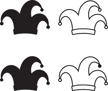 Isolated jester hat icon, jester hat silhouette icon, jester hat carnival icon, april fools prank symbol, clown party graphic, minimal vector, outline solid style, isolated white background