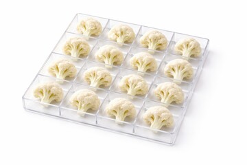 Cauliflower florets arranged in geometric grid inside clear acrylic compartment tray modern culinary organization concept top down flat lay high key studio isolated on white