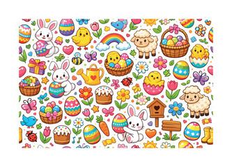 Cute Easter cartoon pattern with bunnies, chicks, sheep, and colorful eggs