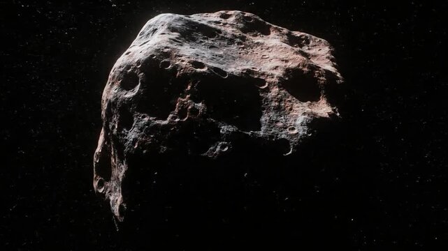 A rocky asteroid with a textured, cratered surface, drifting in deep space.