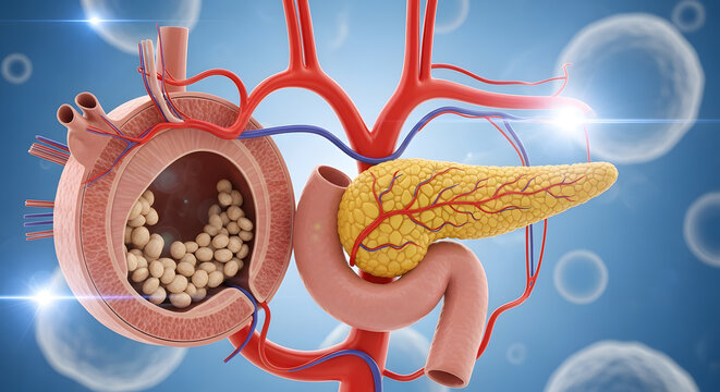 Anatomical rendering of the human pancreas and duodenum with gallstones visible in an adjacent vessel