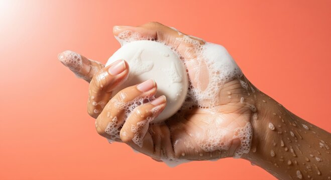 Soapy hand holding white bar soap with rich lather