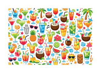 Vibrant tropical cocktails and beach party elements pattern for summer fun