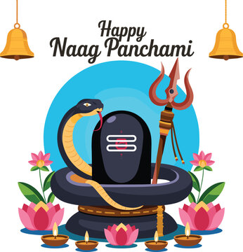 Naag Panchami Celebration with Shiva Lingam, Snake, Trishul, Lotus, and Bells - Stock Illustration