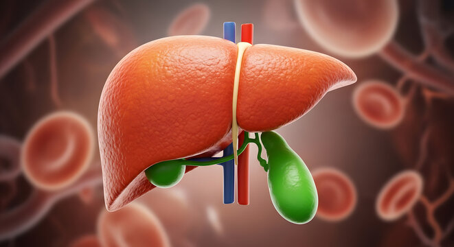Anatomical representation of the human liver and gallbladder with connecting ducts in detail