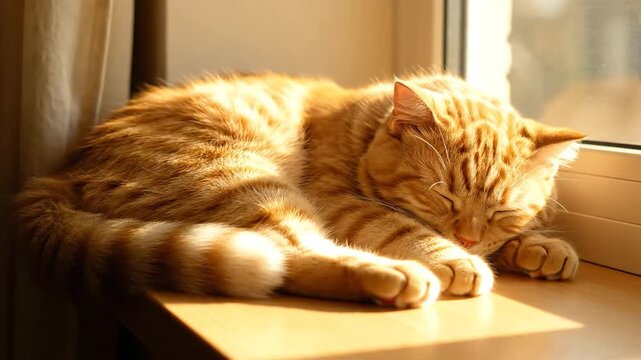 A peaceful ginger tabby cat is sleeping soundly on a warm windowsill in sunlight.