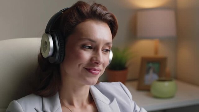 Woman listening to music with headphones in a cozy office setting