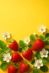 Strawberries with Flowers on Yellow Background