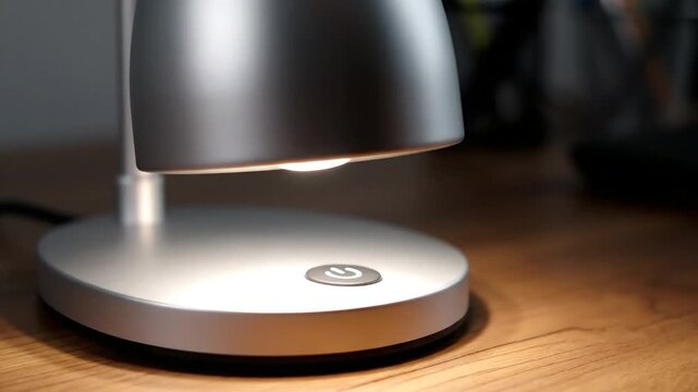 A close-up shot of a finger pressing the power button on a silver desk lamp, highlighting its modern design.