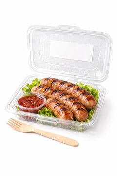 Grilled sausages in clear clamshell with sauce cup and wooden fork condensation ready to eat meal packaging high key studio isolated on white