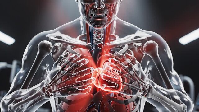 Transparent human torso with highlighted heart and lungs