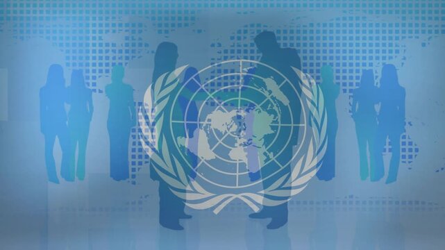 UN emblem fading in, pulsing and rotating as central silhouettes leaning, signaling global unity