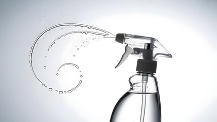 Sleek cleaning bottle mid-spray with glistening water droplets