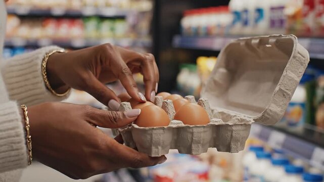 Woman's hands opening egg carton in grocery store aisle, selecting eggs