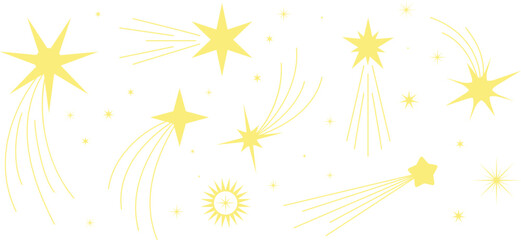 Golden stars sparkling set. Comets and twinkle light rays © LadadikArt