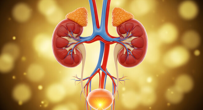 Anatomically accurate 3D rendering of the human urinary system showing kidneys adrenal glands and a bright glowing bladder