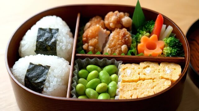 Delicious Japanese Bento Box Lunch with Onigiri and Edamame.