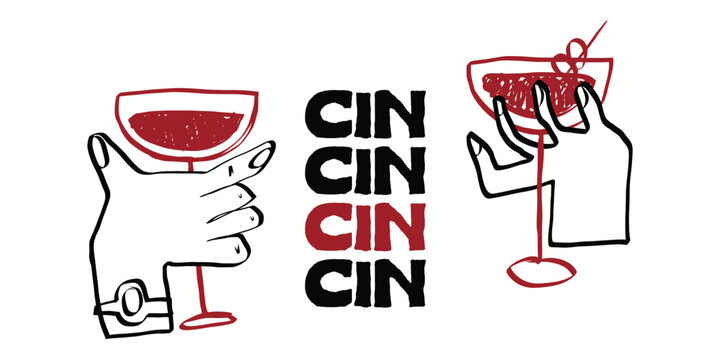 Elegant wine glass doodle with hand sketched party drinks. Italian-inspired illustration showing champagne toast, cocktails, and festive dinner elements in artistic line drawing style.