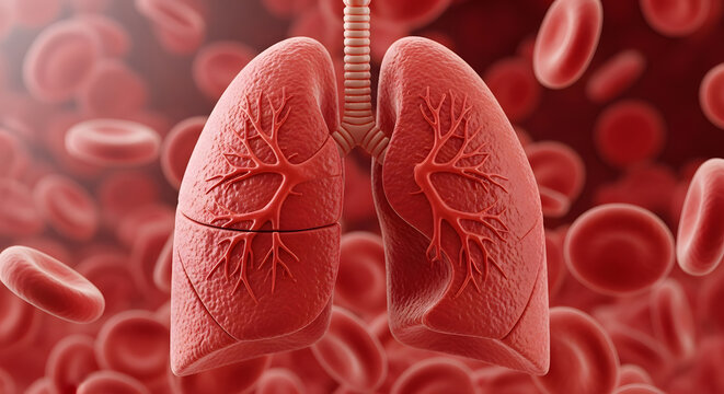 Anatomically correct human lung structure prominently displayed against a background of floating blood cells