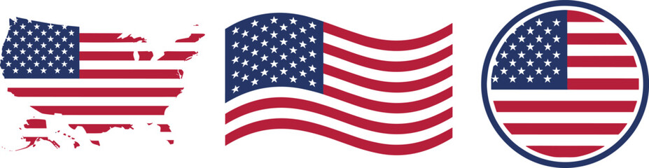 Obraz premium United States flag icons set, USA map silhouette, waving American flag and round badge, patriotic vector illustration design collection isolated