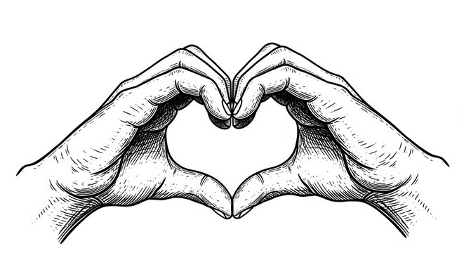 Woodcut and etching technique, dramatic lighting, symbolic and conceptual art, no color, depicting a close-up of two human hands joining to form a heart shape with their fingers.