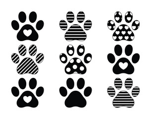 Fototapeta premium Collection of Nine Black and White Paw Print Illustrations