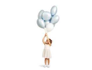 Kid holding blue balloon round bouquet mockup, ai generated